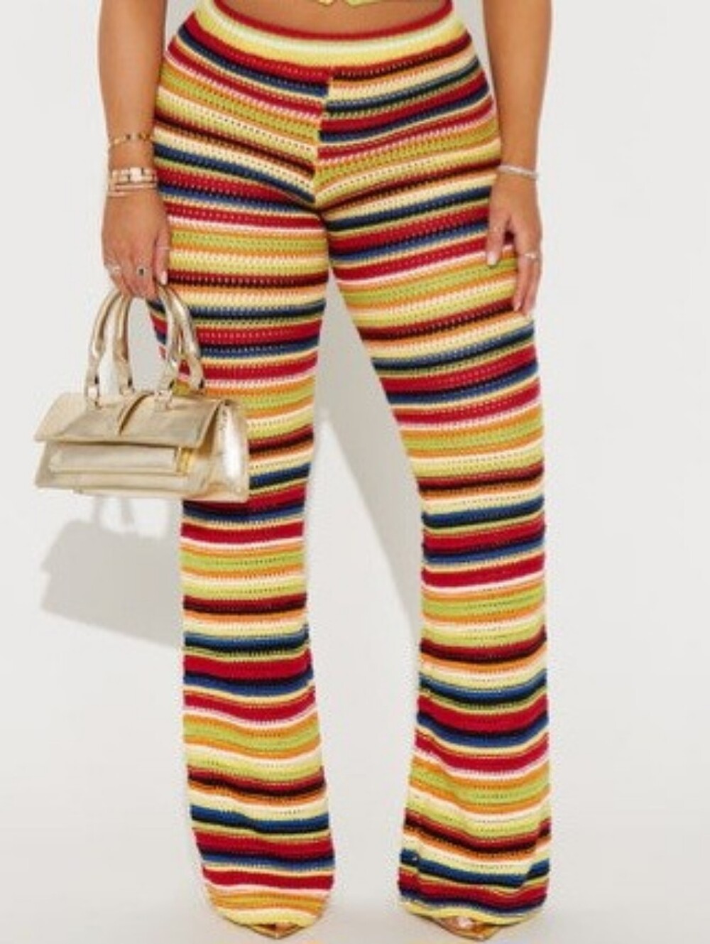 Fashion Nova Crochet Sweater Flared Pants World  Heavy Knit Multi Color XL Women